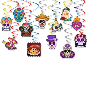 Day of the Dead hanging swirls featuring colorful sugar skulls and Dia de Muertos paper cutouts