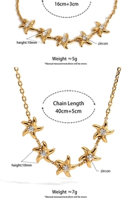 Detailed technical view of gold starfish necklace and bracelet with zircon size specifications