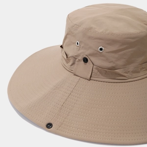 Detail of wide brim sun hat showing metal eyelets and reinforced stitching