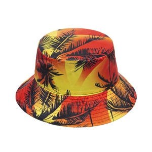 Summer bucket hat with tropical palm tree sunset print in vibrant orange and red colors