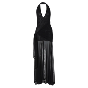 Detail of waist knot and sheer mesh skirt on a black deep V-neck halter dress