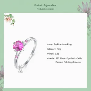 925 silver ring featuring pink heart-shaped zirconia and polished finish main view