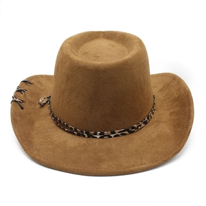 Detail of dark brown suede cowboy hat with leopard print band and leather side lacing