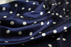 Detail of blue silk fabric with white polka dots showing smooth texture and soft drape