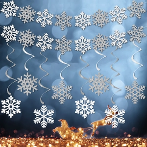 Sparkling silver and white snowflake banners with golden Santa sleigh Christmas decor
