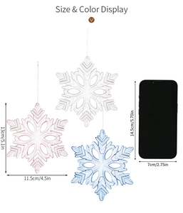 Size comparison of acrylic snowflake pendants in white, pink, and blue colors