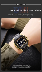 Close-up of Skmei digital sports watch in gold and black with 50M water resistance