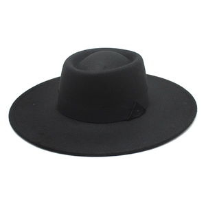 Classic black flat top wool felt fedora hat with wide brim and ribbon decoration