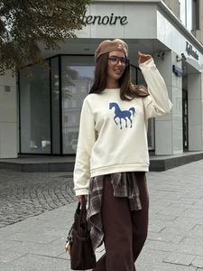 Sudadera Mujer Mezcla De Algodón Cuello Redondo Estampado De Caballo Holgado Manga Larga Casual Street Style Top