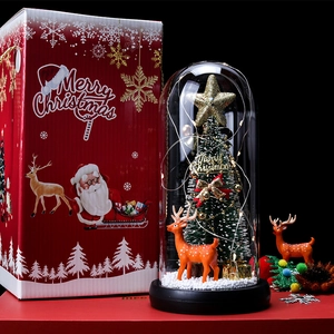 Detailed Christmas glass dome with reindeer, tree and LED lights next to a festive red gift box