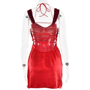 Détail du dos d'une robe en satin rouge avec dos nu et lacets croisés élégants