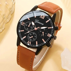 Macro detail of Geneva quartz watch with roman numerals and brown leather strap