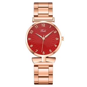 Women's rose gold watch with deep red sunburst dial and classic steel bracelet