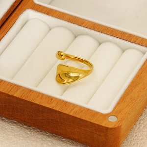 Polished 18k gold plated stainless steel adjustable open ring in velvet jewelry box
