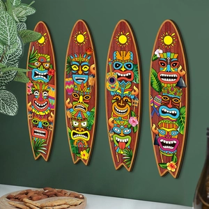 Set of four tropical wooden surfboard wall plaques with Tiki tribal masks and hibiscus