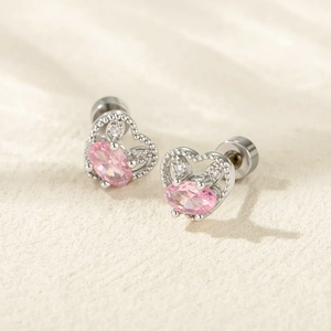 Silver hollow heart stud earrings with pink oval zircon and tiny sparkling crystals