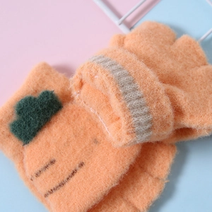 Cute carrot pattern orange knitted fingerless gloves for kids with plush warmth
