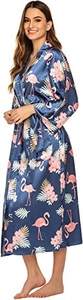 Detail of satin long-sleeve robe showing pink flamingo and floral prints on navy fabric
