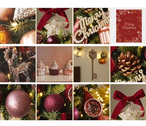Detailed view of Christmas ornaments including baubles, stars, and glittery Merry Christmas signs