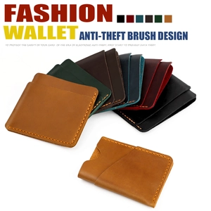 Fan-shaped display of vintage leather card holders with anti-theft RFID protection