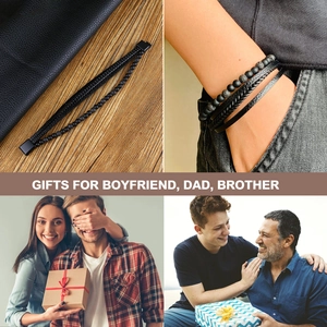 Black leather multilayer braided bracelet with natural lava stones and magnetic clasp