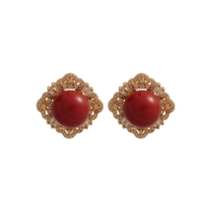 Vintage geometric square earrings with red round stone and zircon halo on gold plating