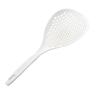 White thickened slotted spoon strainer with long handle for kitchen noodle drainage