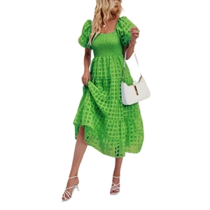 Green plaid A-line maxi dress with puff sleeves and tiered skirt details