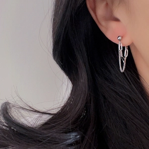 Minimalist double-layered silver chain drop earrings in polished titanium steel