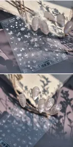 Detail der TS-4120 weißen Schmetterlings-Nagelaufkleber mit Sternen und eleganter Schrift