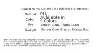 Detailed dimension chart for PU leather glasses case showing 17cm by 8.5cm size guide