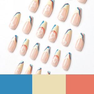 Blue and yellow French coffin press-on nails with white floral designs, 24 piece set