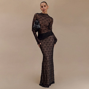 Elegant women's black lace long sleeve slim fit maxi dress for fashion party wear