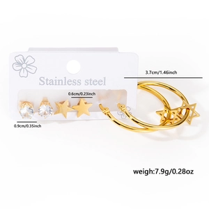 French vintage gold stainless steel earring set with heart, star studs and large hoops
