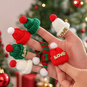 Mini knitted Christmas hats and scarves with gold embroidery for holiday doll decorations