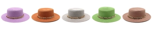Flat top straw hats in five vibrant colors with gold metal chains for summer sun protection