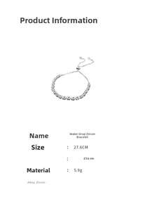 Detail of adjustable teardrop zircon bracelet showing 27.6cm length and slider clasp