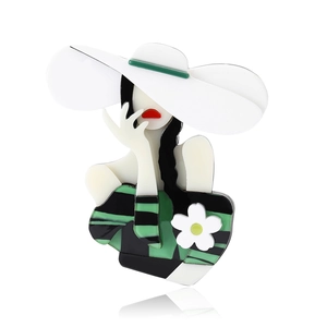 Fashionable acrylic lady brooch with white wide-brim hat and green striped clothing