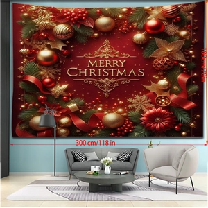 Extra wide Christmas tapestry 300x180cm with gold Merry Christmas text and festive ornaments