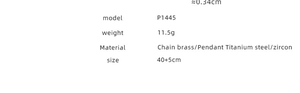 Specifications of titanium steel zircon heart pendant necklace showing 45cm length and weight
