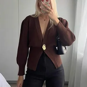 Women V Neck Knit Cardigan Sweater Long Sleeve Solid Color Chic Gold Irregular Metal Button Elegant Top