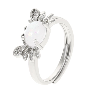 Anillo de cangrejo creativo con ópalo piedra de luna y circón brillante en plata
