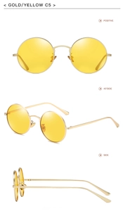 Multiple views of gold round metal sunglasses with yellow polarized lenses model C5