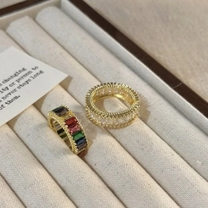 Detailed macro view of gold plated rings featuring channel set rectangular cubic zirconia