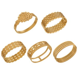 Five gold hollow texture stainless steel wide bangles in various artistic patterns