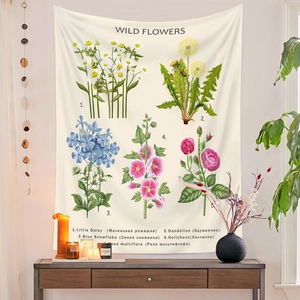 Detailed close-up of wild flower botanical botanical illustrations on a cream fabric tapestry