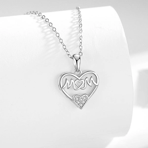 Elegant S925 sterling silver hollow heart necklace with MOM pendant and sparkling stones