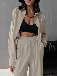 Women Solid Color Long Sleeve Cropped Shirt And High Waist Wide Leg Pants Outfits Polyester Casual Loungewear