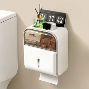 Wall Mounted Tissue Box Plastic No Drill Multifunctional Bathroom Storage Holder With Phone Stand Waterproof Cream Style