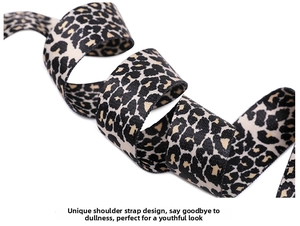 Close-up of a leopard print woven shoulder strap for tote bags with adjustable buckle